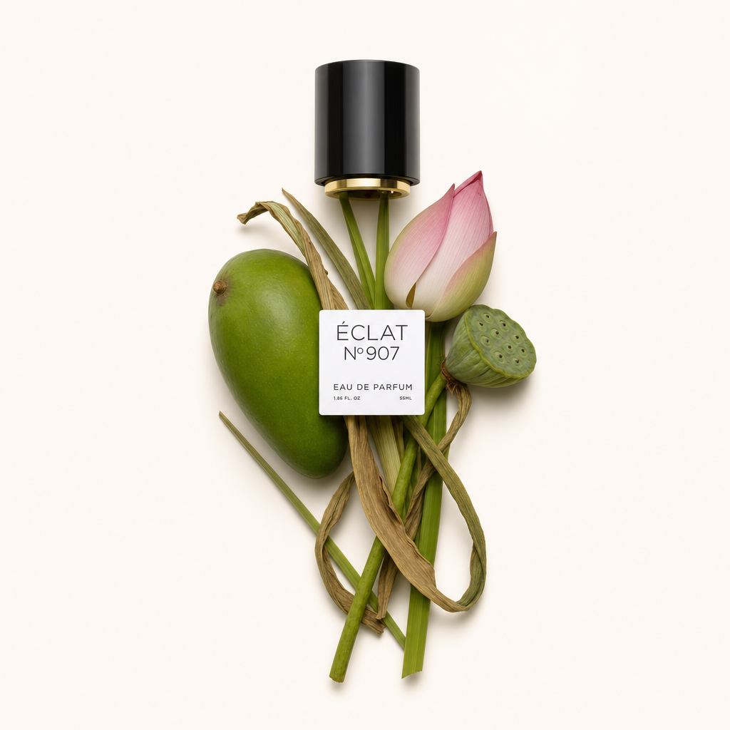 Kompozycja ze świeżego zielonego mango, pąka lotosu i torebki nasiennej z czarną nakrętką oznaczoną ÉCLAT Green Mango & Lotus.