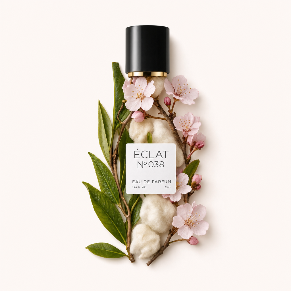 Aranżacja z kwiatów wiśni, liści zielonej herbaty i bawełny otacza oryginalną czarną nakrętkę ze złotym akcentem ÉCLAT Green Tea & Cherry Blossom.