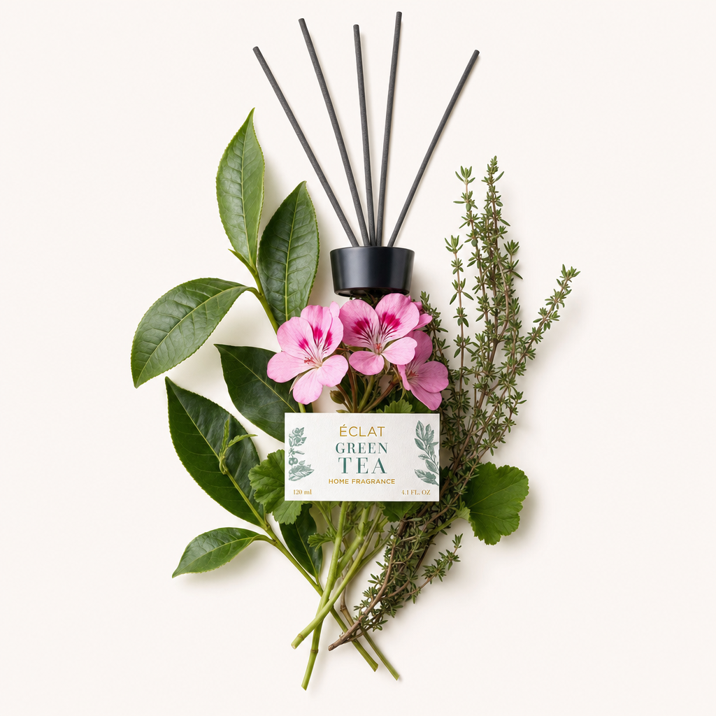 Aranżacja z liści zielonej herbaty, różowych kwiatów i tymianku otacza czarną nakrętkę z etykietą ÉCLAT Green Tea.