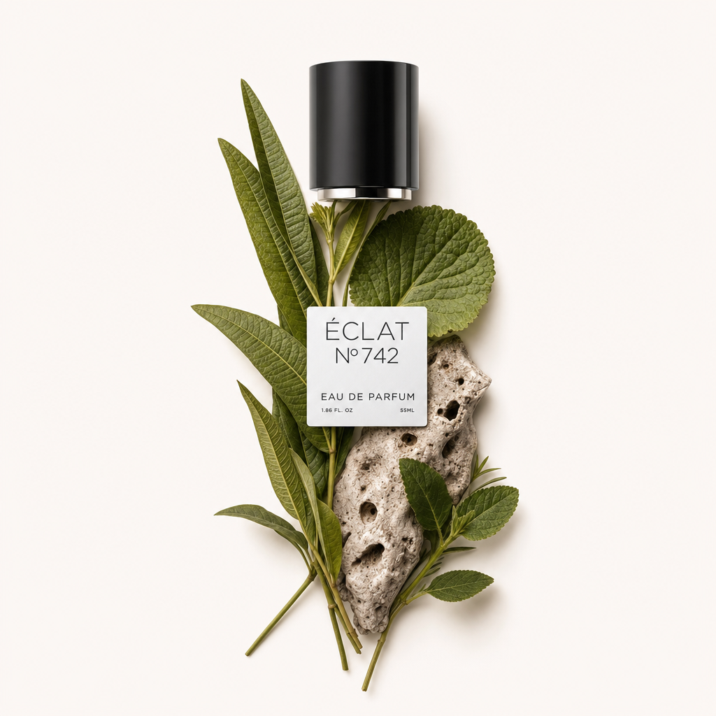Kompozycja liści werbeny, teksturowanej skały i czarnej nakrętki z etykietą ÉCLAT Green Vervain.