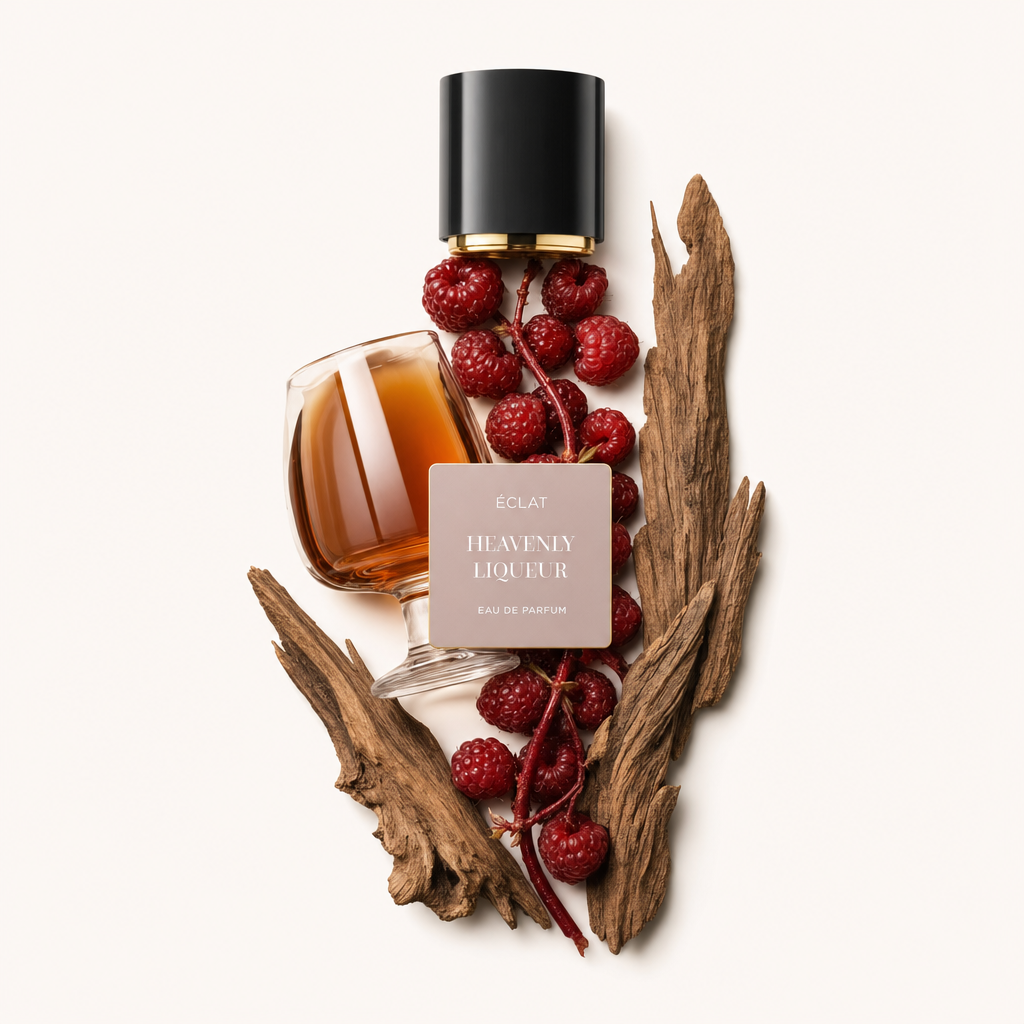 Artystycznie ułożone maliny, do połowy wypełniona szklanka bursztynowego płynu i drewniane patyki otaczają oryginalną nasadkę ÉCLAT Heavenly Liqueur z etykietą.