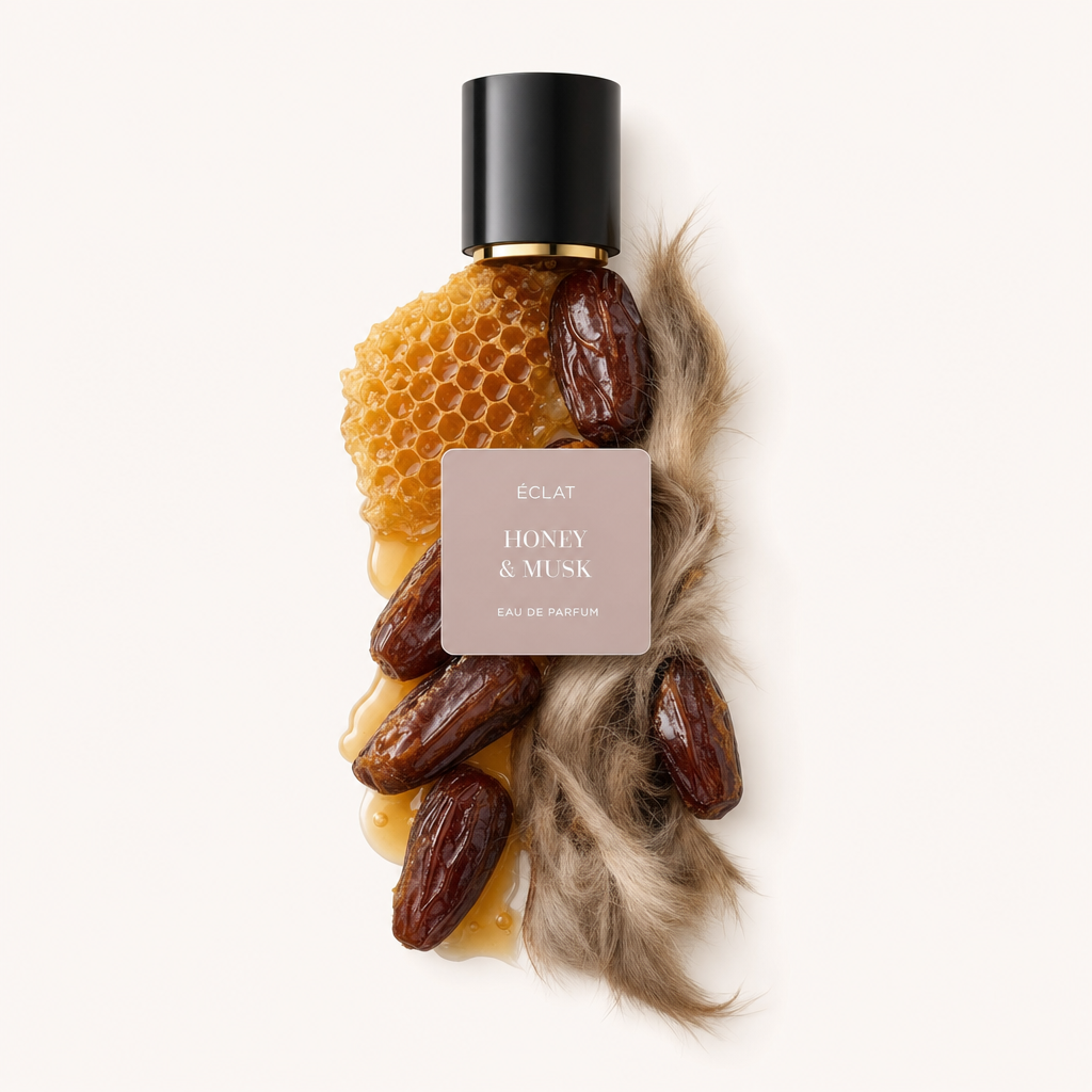 Kompozycja z plastra miodu, daktyli i futra z piżma elegancko otacza oryginalną czarną nasadkę z etykietą prezentującą ÉCLAT Honey & Musk.