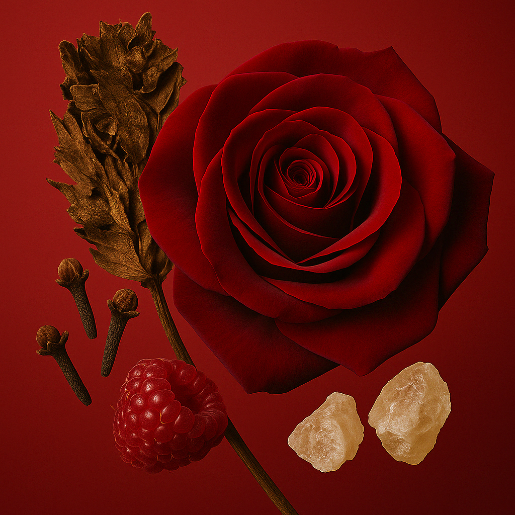 Bogata kompozycja czerwonej róży, suszonych przypraw, malin i żywicy, na pasującym czerwonym tle, reprezentująca ÉCLAT VIP Incense, Rose & Spices.