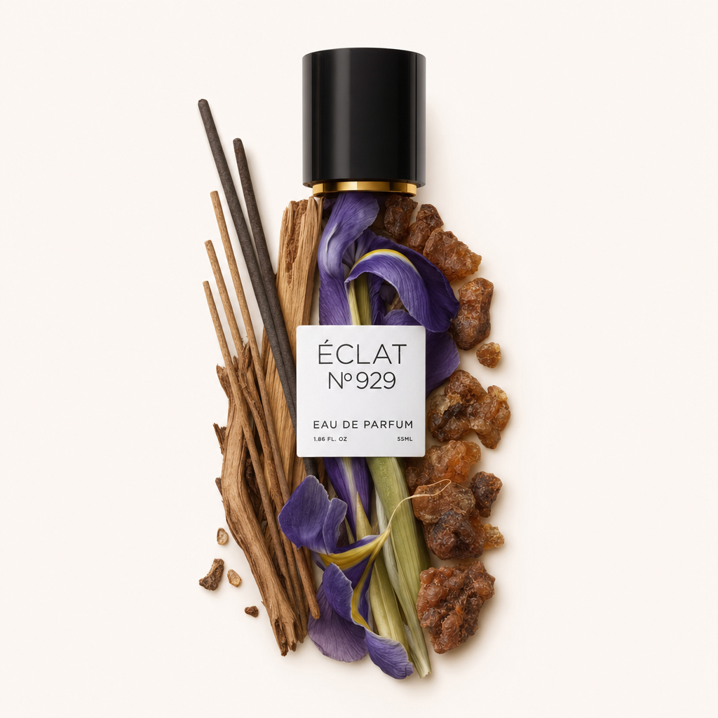 Kompozycja z kadzidełek, fioletowych irysów i bursztynowej żywicy otacza czarną nakrętkę z etykietą ÉCLAT Iris & Incense.