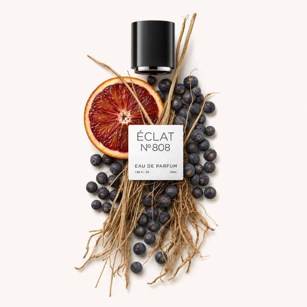 Kompozycja z jagodami jałowca, połową czerwonej pomarańczy i suszonymi korzeniami otacza czarną zakrętkę z etykietą ÉCLAT Juniper Berry & Blood Orange.