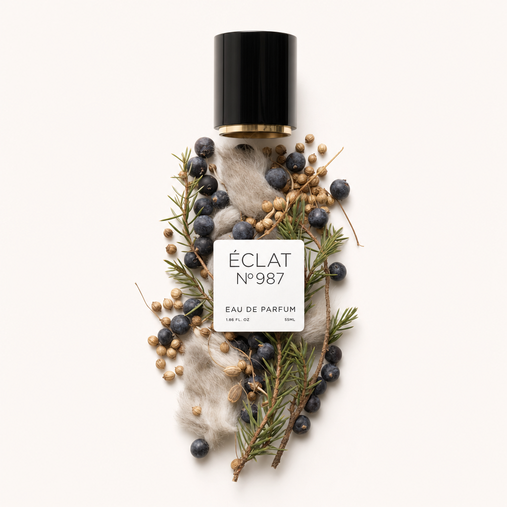 Harmonijne ułożenie jagód jałowca, suszonych roślin i miękkiej zieleni otacza czarną nakrętkę ze złotymi detalami i etykietą dla ÉCLAT Juniper Berry & Musk.