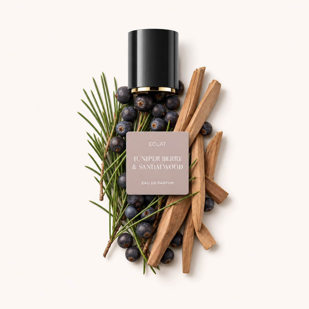 Kompozycja z jagód jałowca i patyczków sandałowych otacza czarną nasadkę z etykietą ÉCLAT Juniper Berry & Sandalwood.