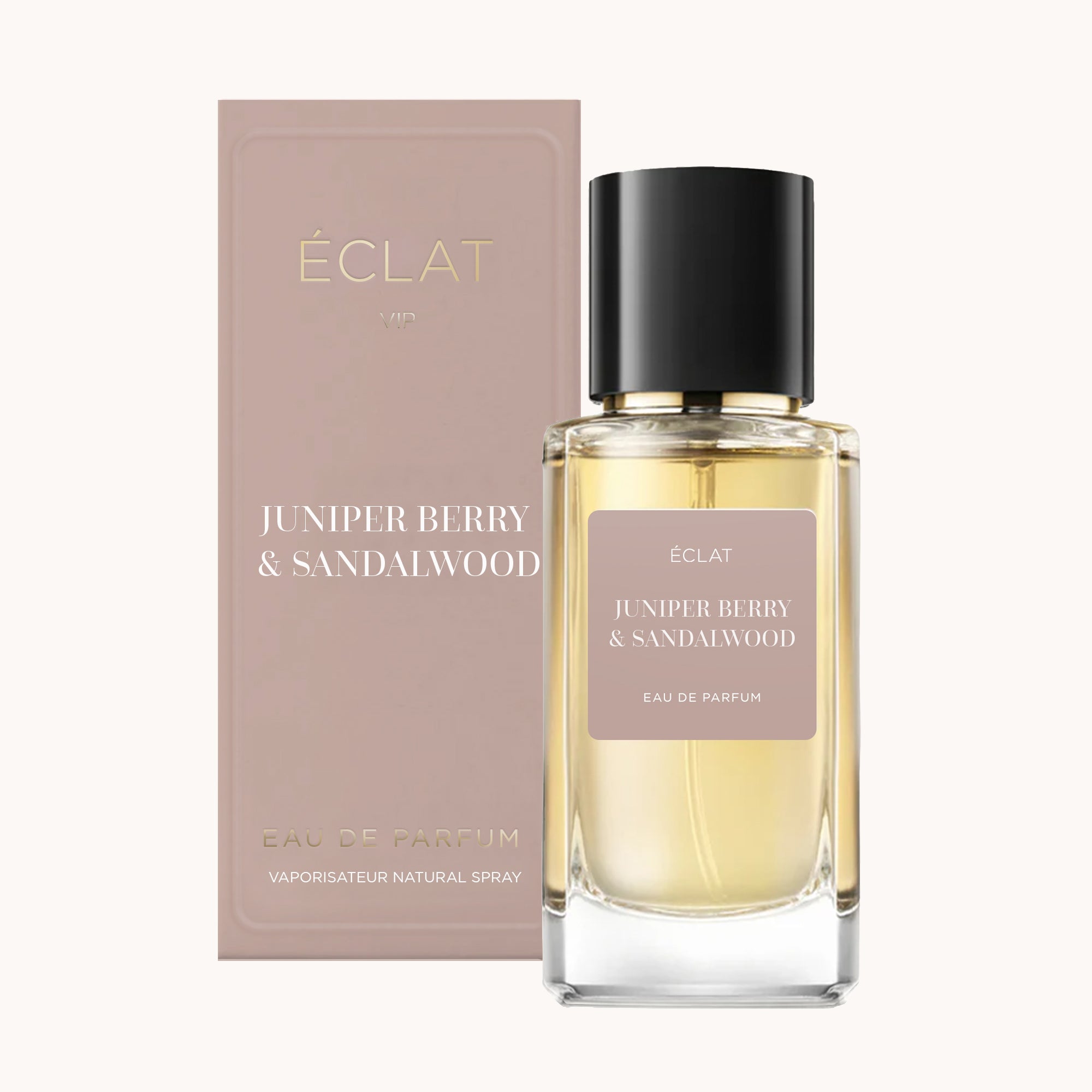 ÉCLAT Juniper Berry & Sandalwood, wyrafinowany szklany flakon z czarną nakrętką, w towarzystwie pasującego eleganckiego pudełka.
