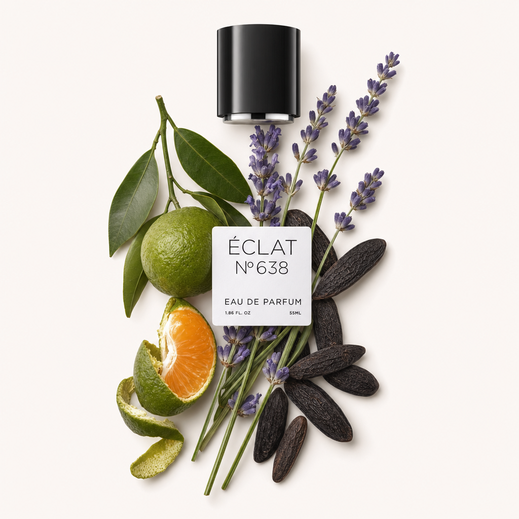 Kompozycja z gałązek lawendy, fasoli tonka i skórki cytrusów z czarną nakrętką ÉCLAT oznaczoną ÉCLAT Lavender & Tonka Bean.