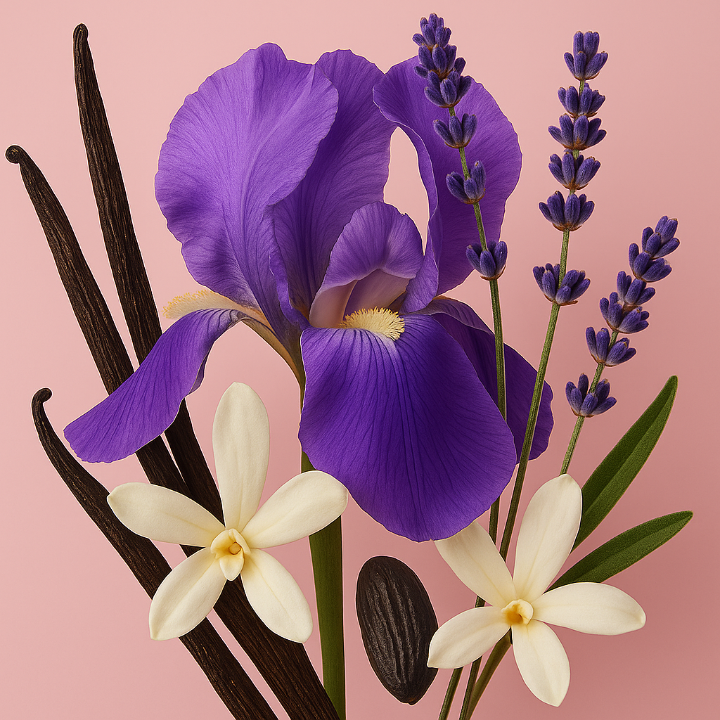 Kompozycja z irysów, lawendy, lasek wanilii i białych kwiatów na różowym tle symbolizująca ÉCLAT Lavender & Vanilla.