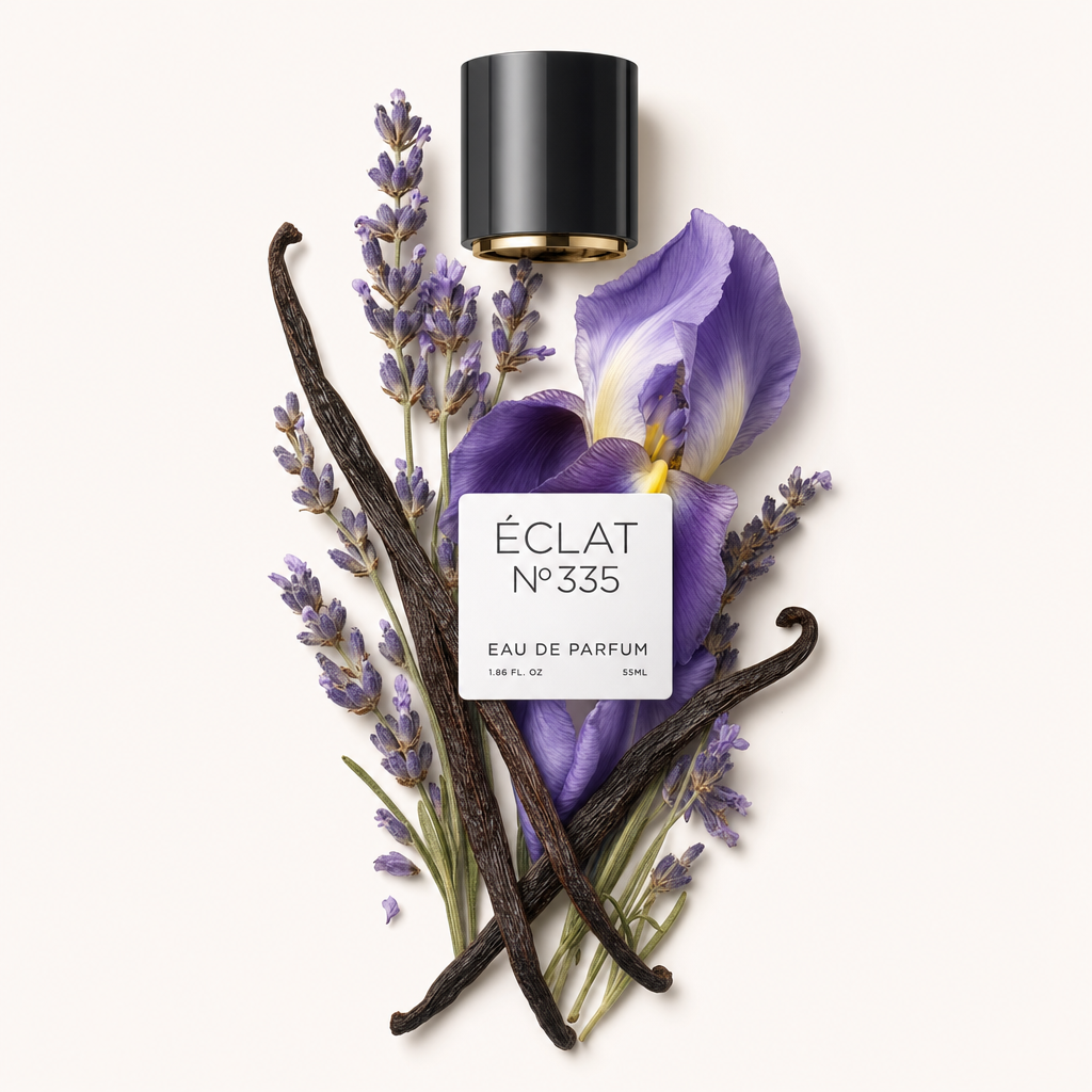 Aranżacja z gałązek lawendy, strąków wanilii i fioletowego kwiatu otacza czarną nakrętkę z etykietą, reprezentującą ÉCLAT Lavender & Vanilla.