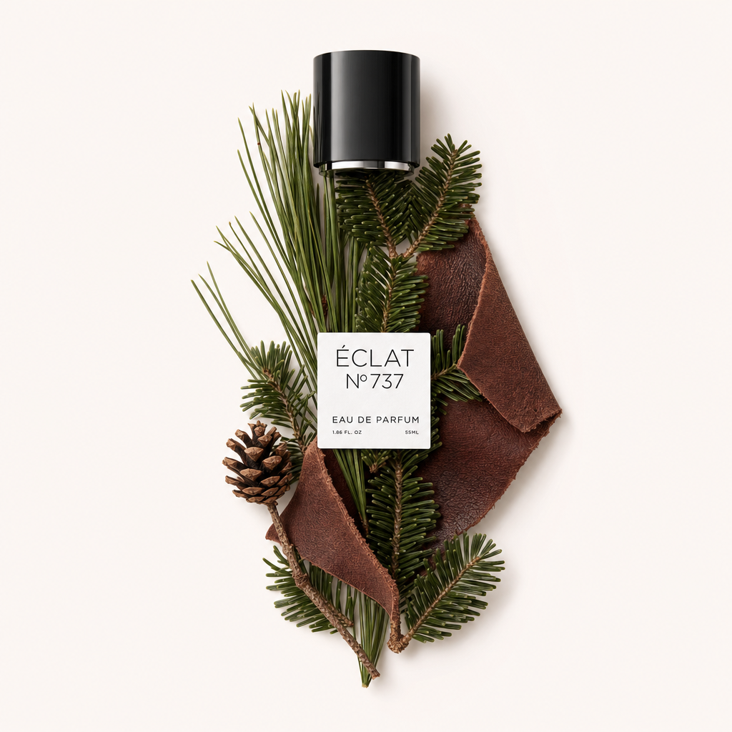 Kompozycja z igieł jodły balsamicznej, szyszki i pasków skóry otaczająca czarną zakrętkę z etykietą ÉCLAT Leathery Balsam Fir.
