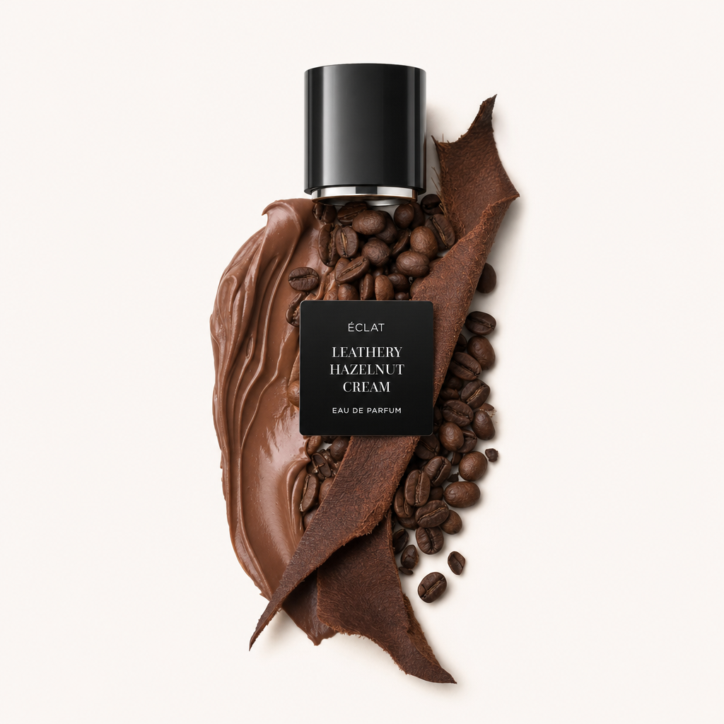 Na zdjęciu widać kompozycję z ziaren kawy, kremu orzechowego i paska skóry, zwieńczoną czarną nasadką z etykietą ÉCLAT Leathery Hazelnut Cream.