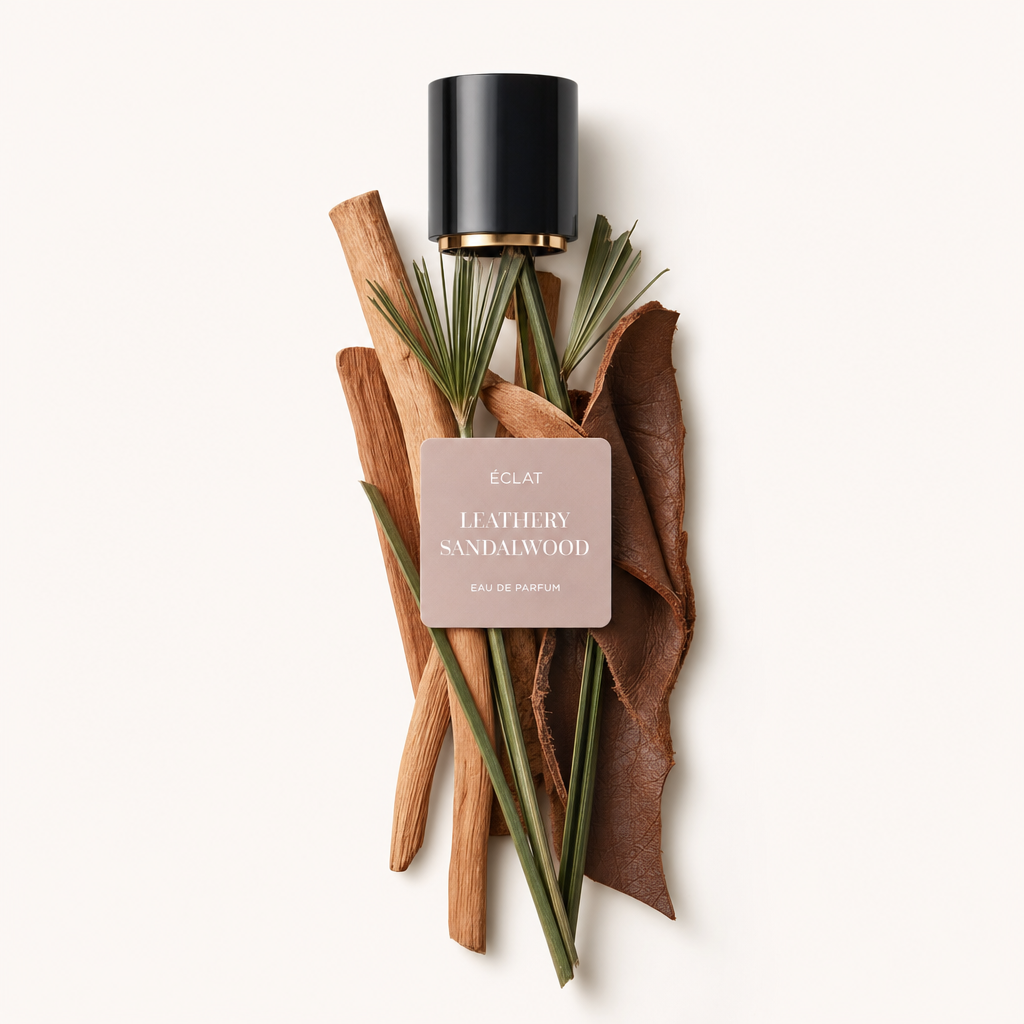 Kompozycja złożona z patyków sandałowca, skórzanych liści i zielonej trawy otacza czarną nakrętkę z etykietą ÉCLAT Leathery Sandalwood.