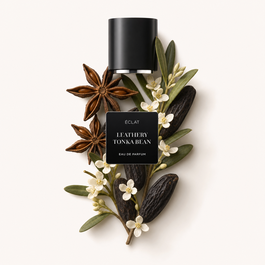 Aranżacja z anyżem gwiazdkowym, fasolką tonka i delikatnymi białymi kwiatami otacza oryginalną czarną nasadkę z etykietą ÉCLAT Leathery Tonka Bean.