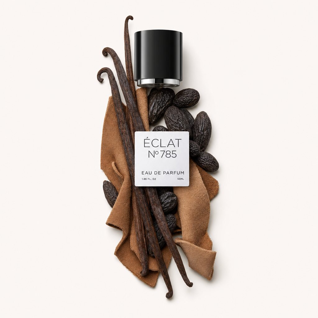 Kompozycja z lasek wanilii, nasion tonki i kawałka skóry otacza czarną nakrętkę z etykietą ÉCLAT Leathery Vanilla.