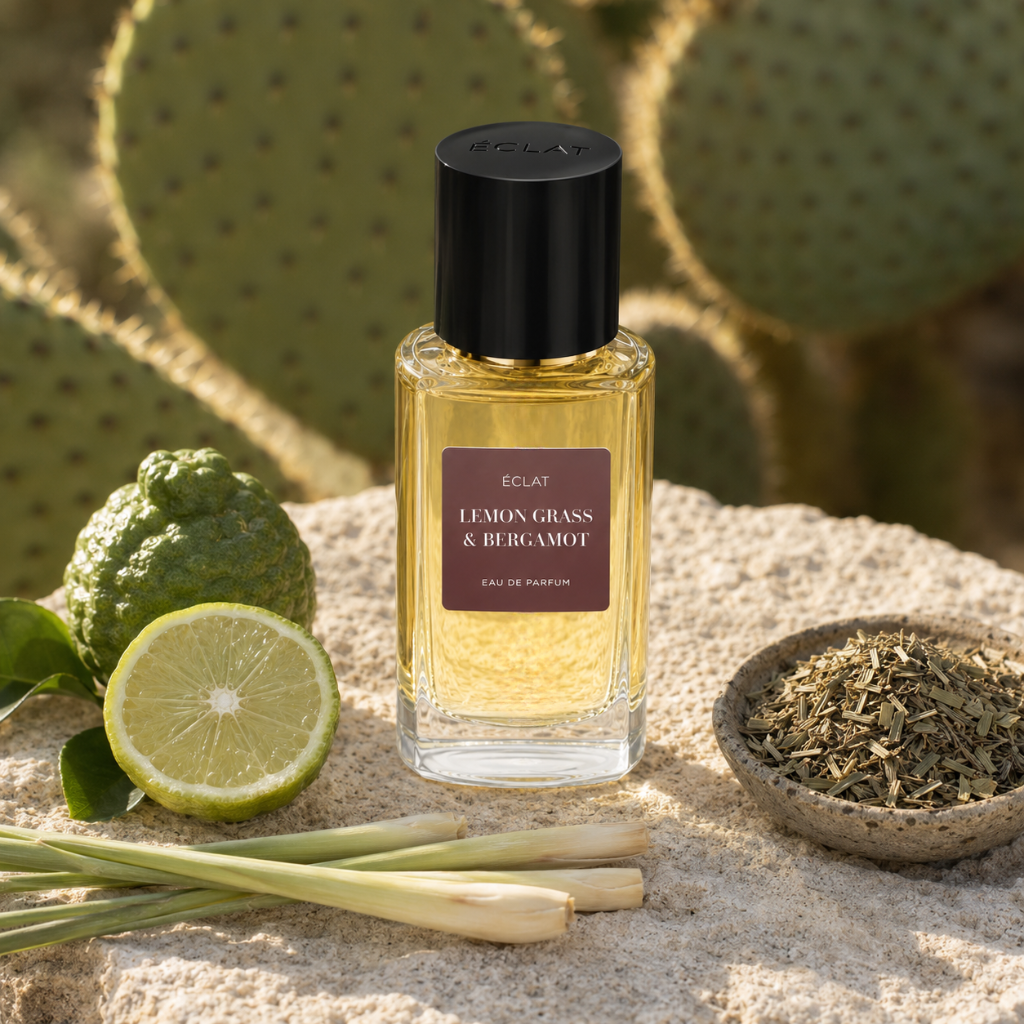 Fasetowana szklana butelka perfum ÉCLAT Lemon Grass & Bergamot RAR z czarną zakrętką, otoczona świeżym trawą cytrynową i bergamotką, ustawiona na kamieniu.