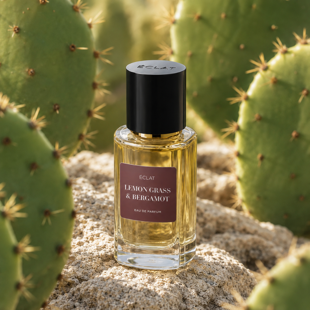 Perfumy ÉCLAT Lemon Grass & Bergamot RAR w fasetowanej szklanej butelce z czarną nakrętką, na tle kaktusów.