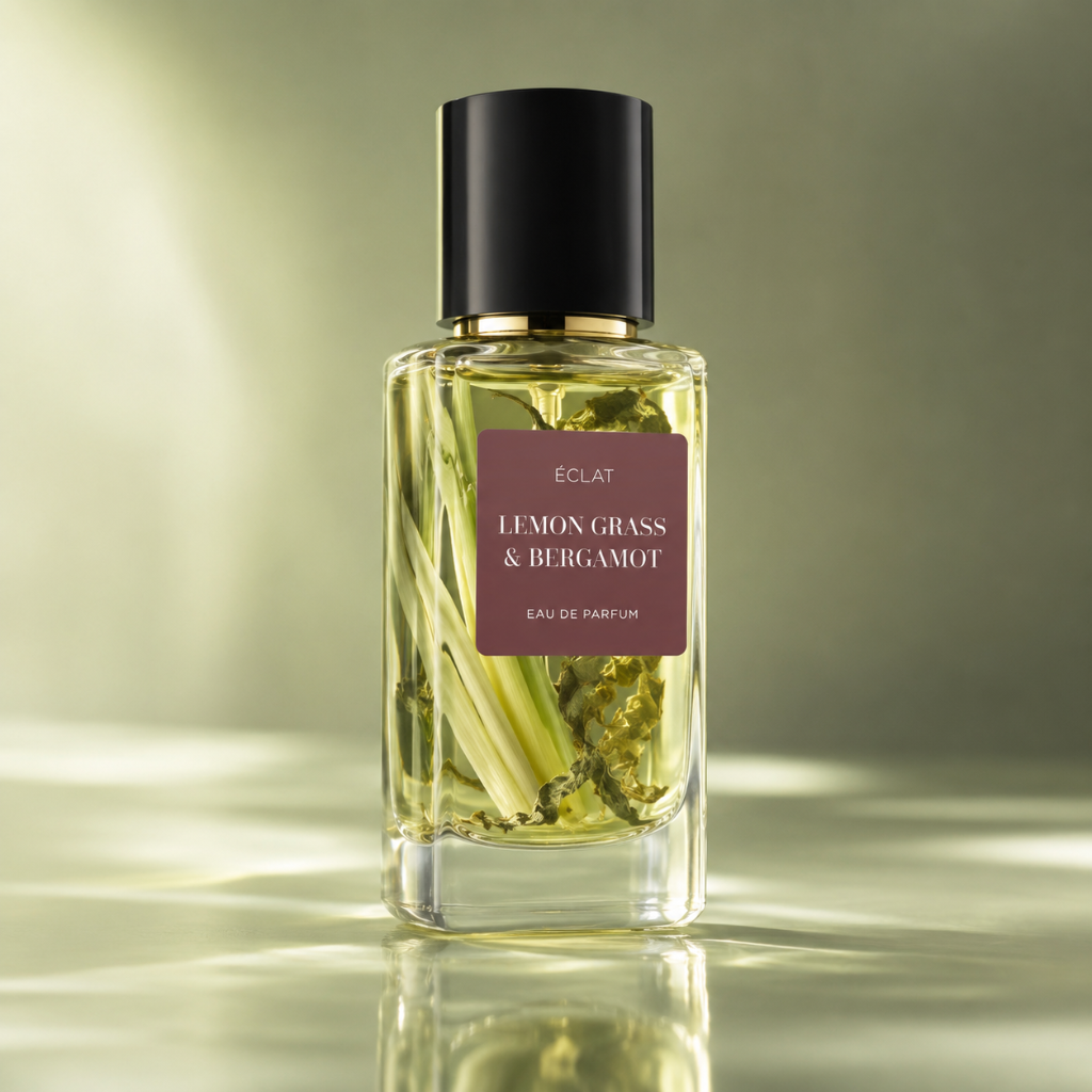 ÉCLAT Lemon Grass & Bergamot RAR w przezroczystej, fasetowanej szklanej butelce z matową czarną nakrętką i bursztynowym płynem.