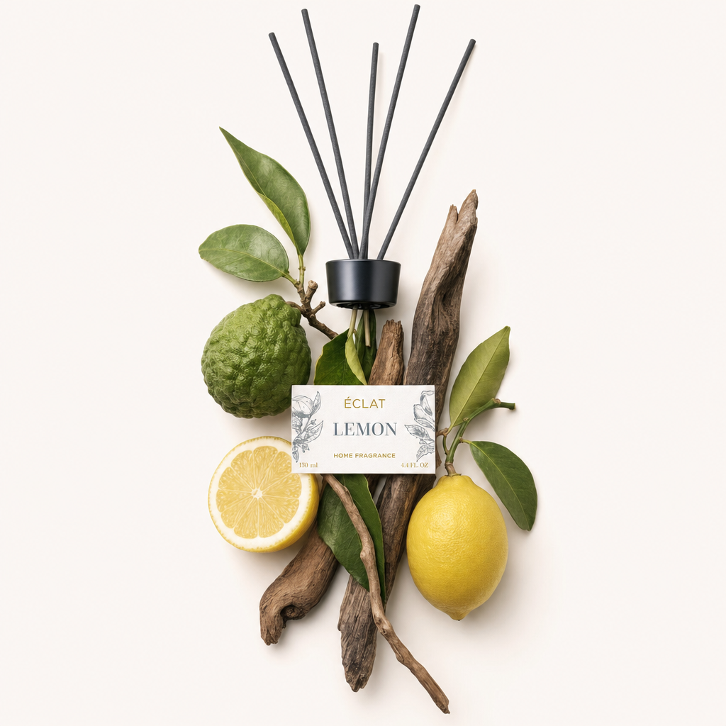 Kompozycja składników z cytryną, bergamotką i kawałkami drewna otaczającymi czarną nakrętkę z patyczkami i etykietą ÉCLAT Lemon Room Fragrance Sticks.