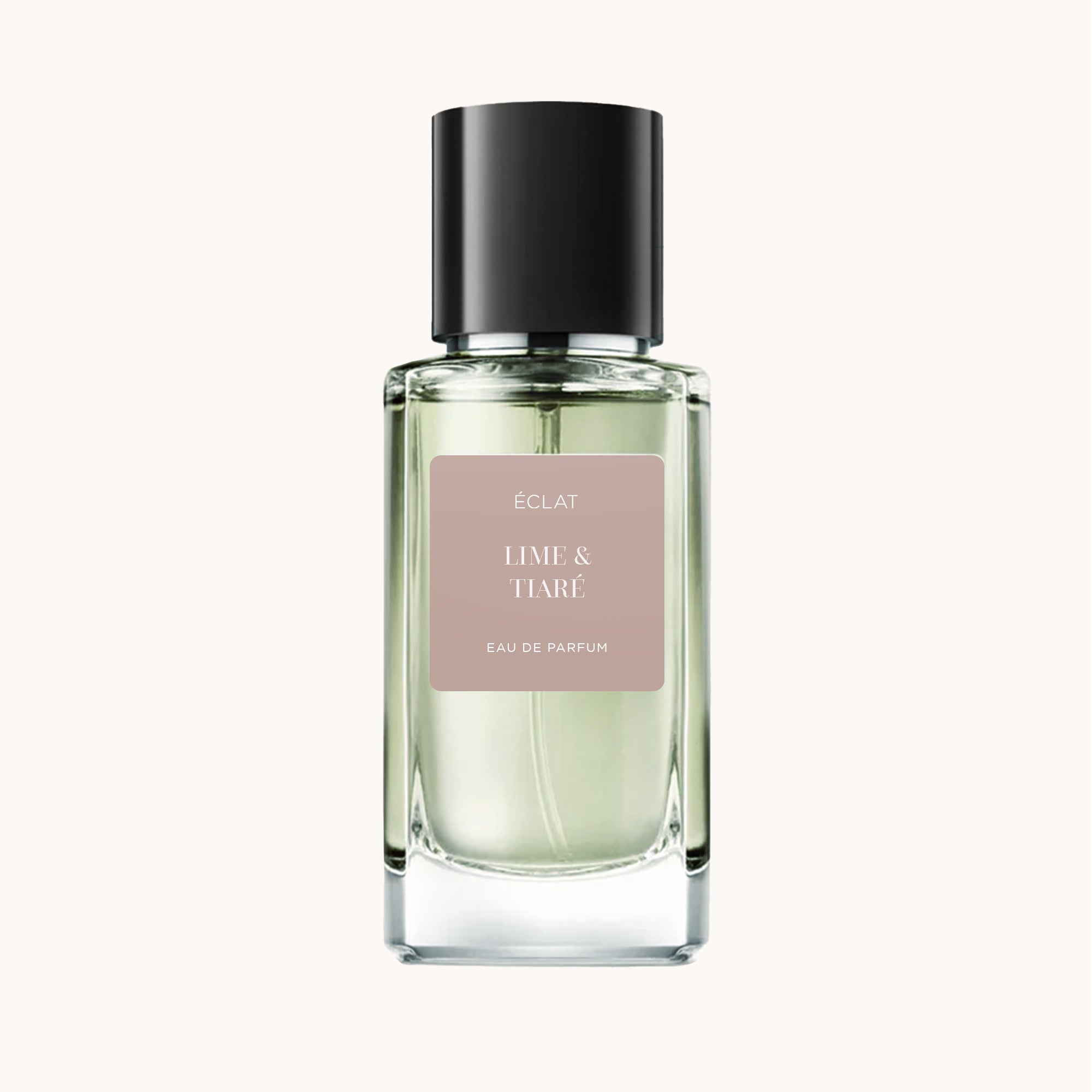 Perfum ÉCLAT Lime & Tiaré VIP w przezroczystej szklanej butelce z czarnym korkiem i beżową etykietą.