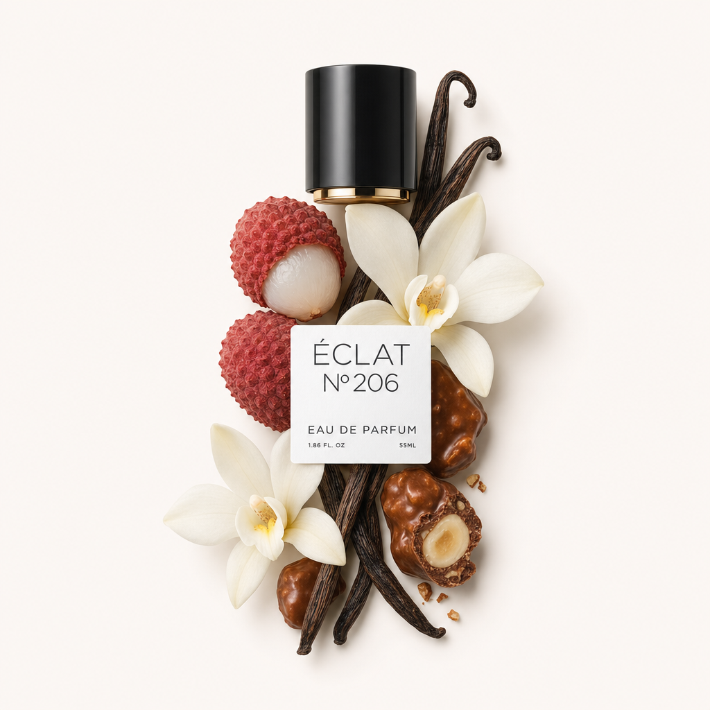 Aranżacja z liczi, kwiatów wanilii i praliny otacza czarną nakrętkę ÉCLAT Lychee & Praline z etykietą.