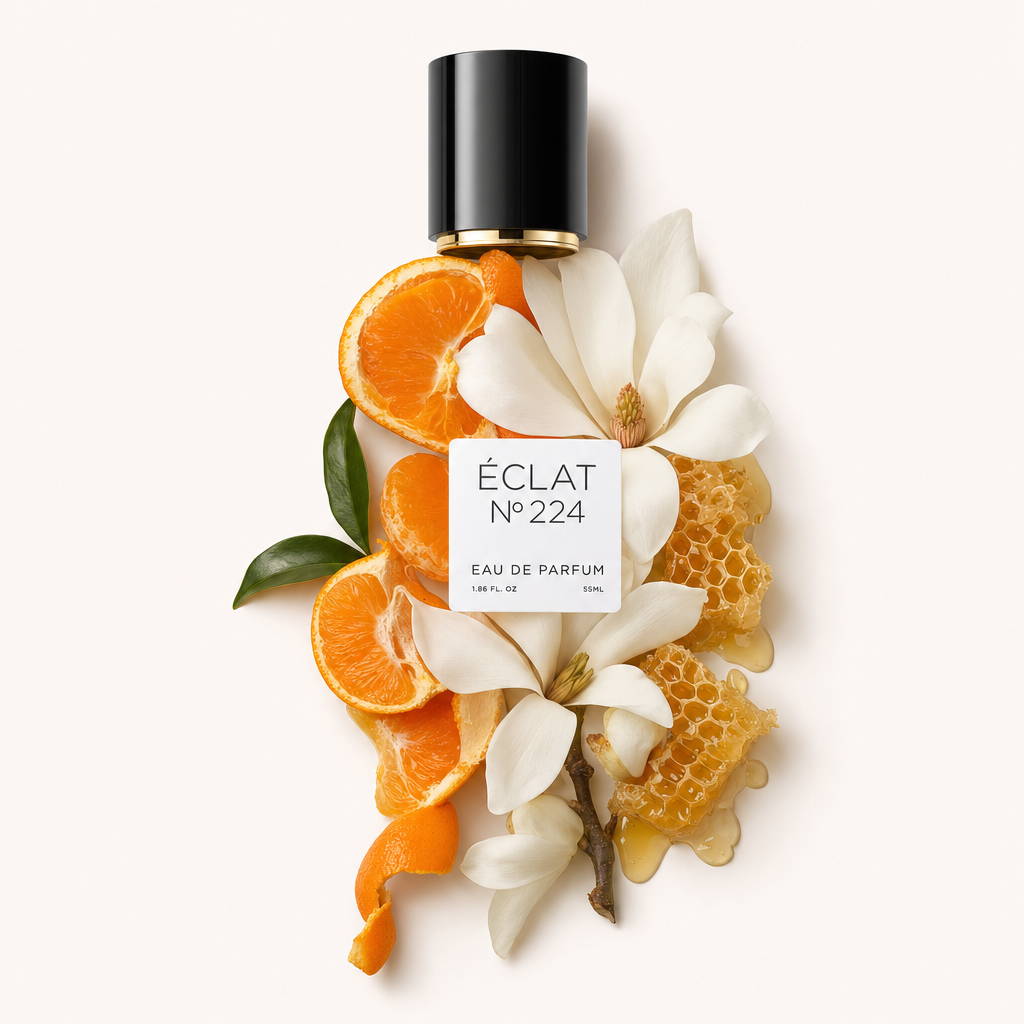 Kompozycja z kwiatów magnolii, plastra miodu i plasterków pomarańczy otacza czarną nakrętkę z etykietą ÉCLAT Magnolia & Honey.