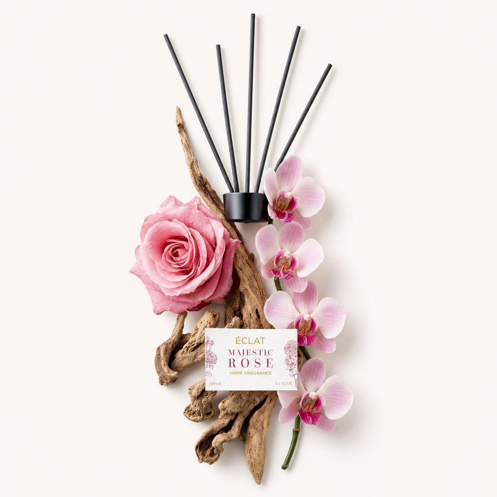 Kompozycja z różową różą, różowymi storczykami, drewnem dryfującym i czarną nakrętką z etykietą dla ÉCLAT Majestic Rose Room Fragrance Sticks.
