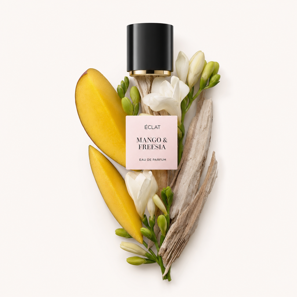 Kompozycja z plastrów mango, kwiatów frezji i drewna dryfującego otacza czarną nasadkę ze złotym akcentem i etykietą ÉCLAT Mango & Freesia.