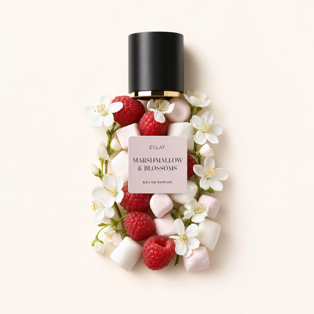 Kompozycja białych kwiatów, malin i pianek otacza czarną nakrętkę z etykietą ÉCLAT Marshmallow & Blossoms.