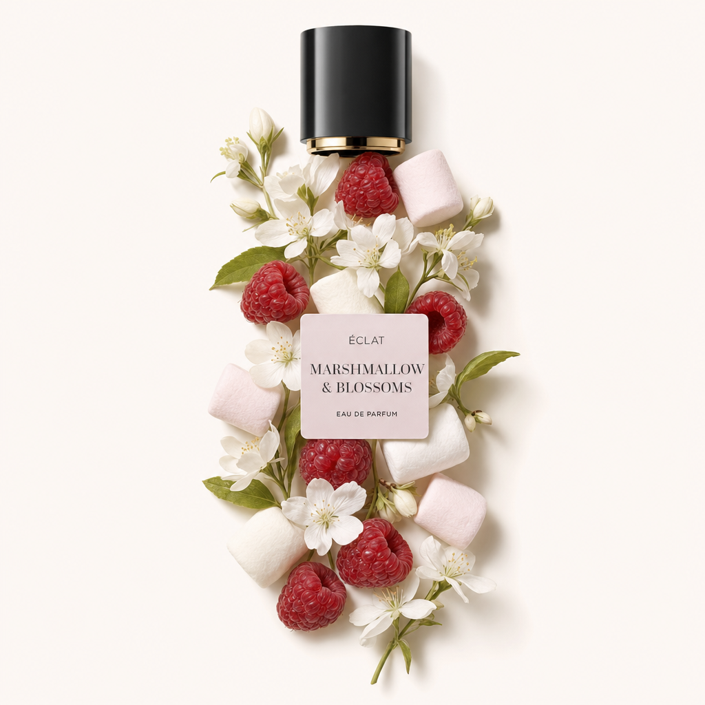 Kompozycja z marshmallow, malin i delikatnych kwiatów otacza czarną nakrętkę z etykietą ÉCLAT Marshmallow & Blossoms.