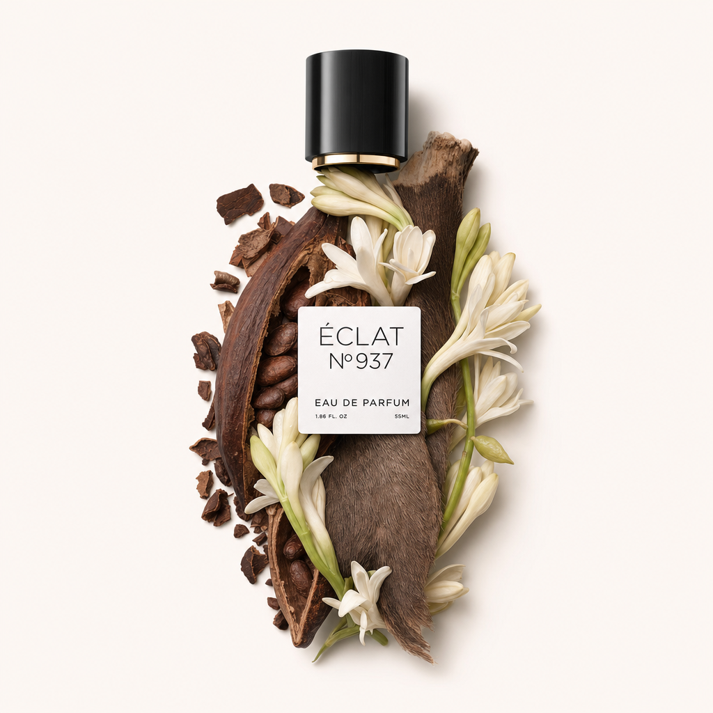 Kompozycja z łupin kakao, białych kwiatów i teksturowanego brązowego materiału otacza czarną nakrętkę z etykietą ÉCLAT Musky Dark Chocolate.