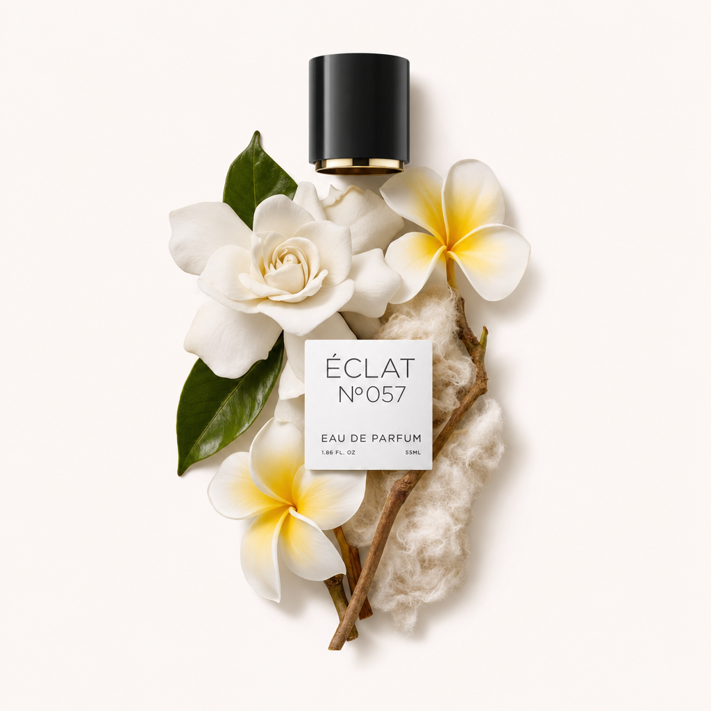 Martwa natura z przedstawionymi składnikami ÉCLAT Musky Gardenia: kwiatami gardenii i frangipani, liśćmi i drewnianą gałązką ułożonymi wokół czarnej nakrętki z etykietą.