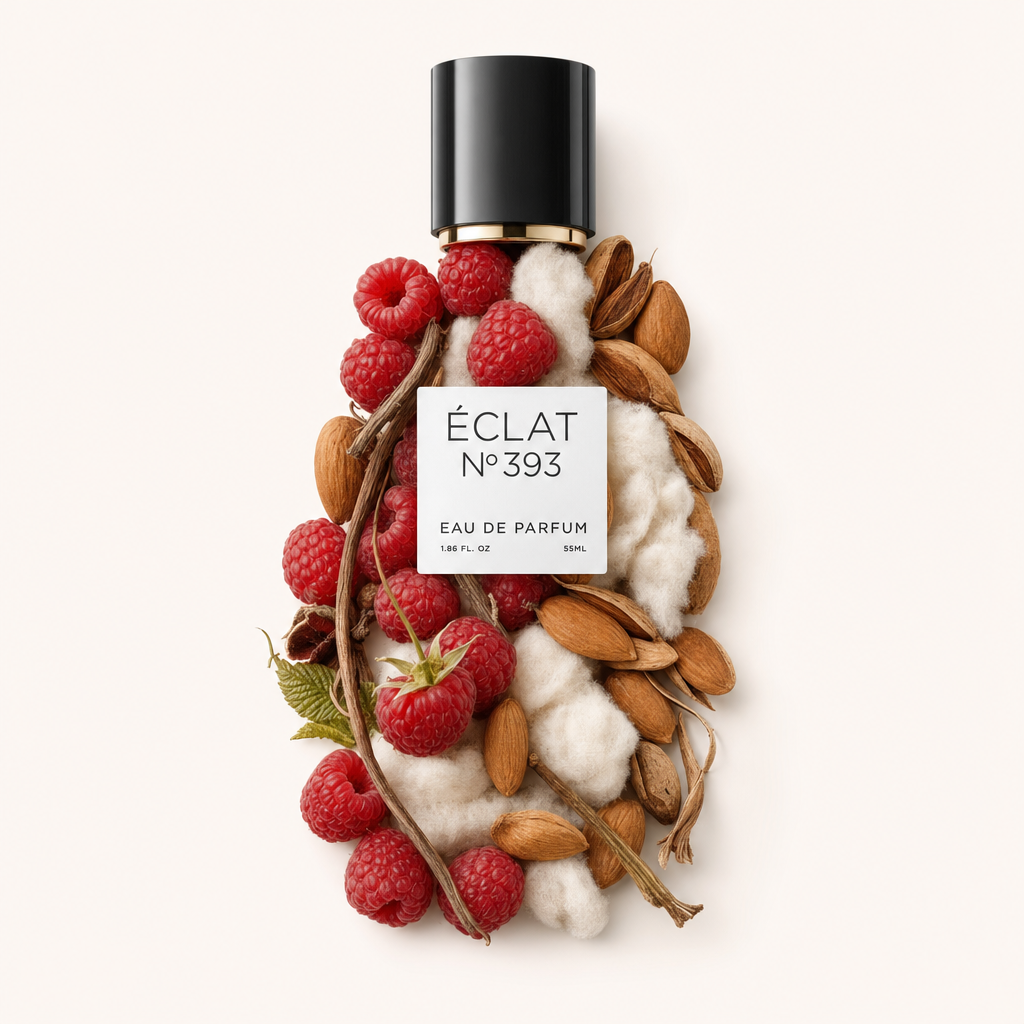 Ułożenie malin, migdałów, bawełny i gałązek otacza oryginalną czarną nakrętkę z etykietą ÉCLAT Musky Raspberry.