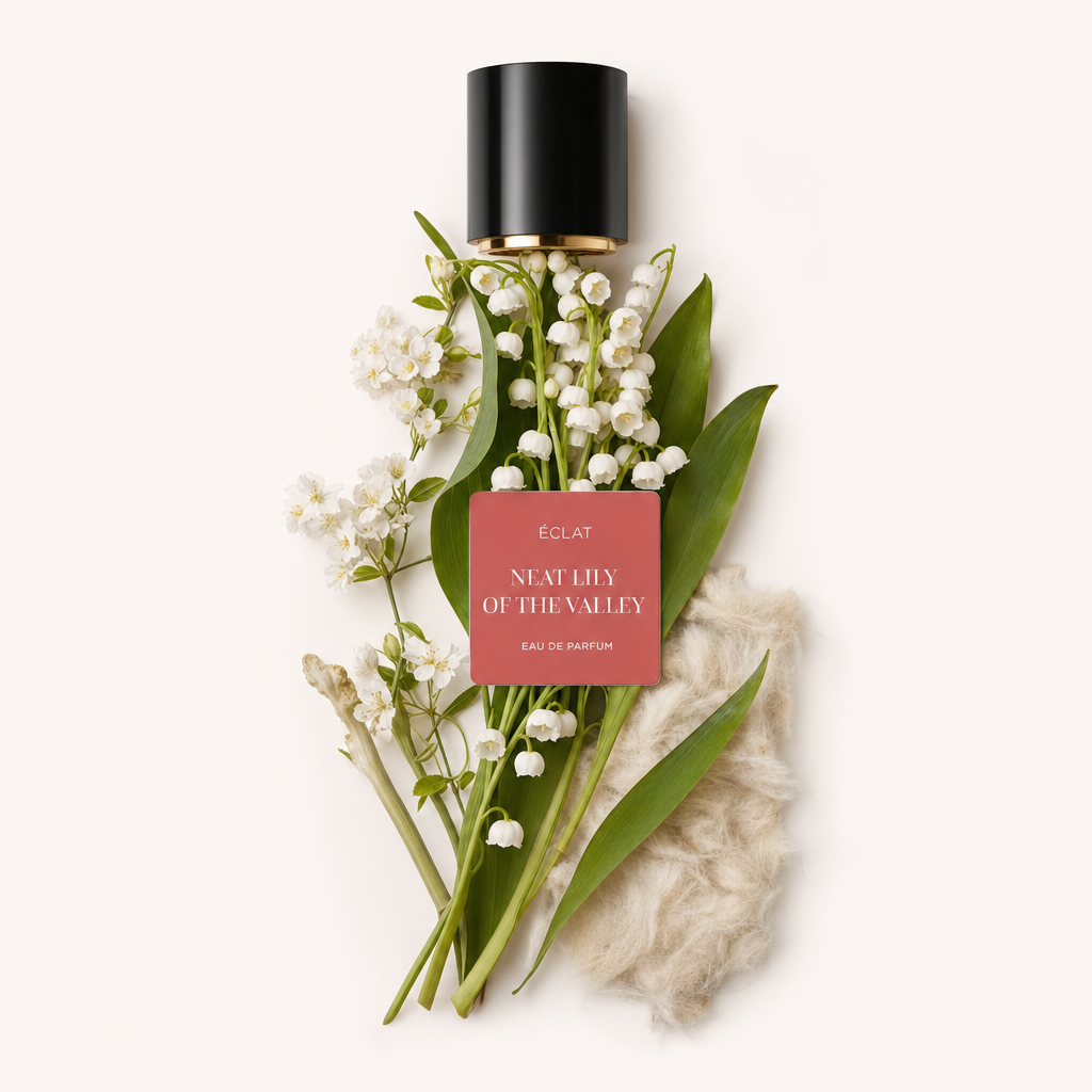 Aranżacja z konwalii i liści z czarną nakrętką z etykietą ÉCLAT Neat Lily of the Valley, umieszczona na miękkim tle.