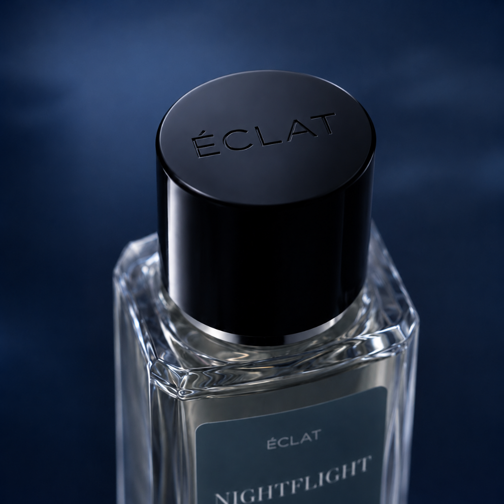 Zapach ÉCLAT Nightflight w fasetowanej szklanej butelce z ciemną, satynowaną zakrętką na niebieskim tle.
