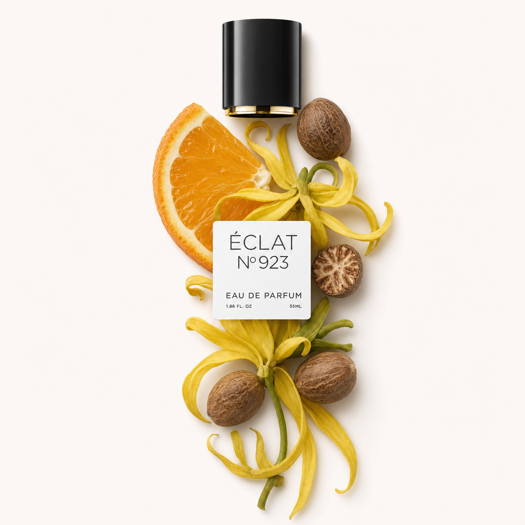 Kompozycja z gałki muszkatołowej, kwiatów ylang-ylang i plasterka pomarańczy otacza etykietę ÉCLAT oraz czarną nakrętkę ze złotym pierścieniem.
