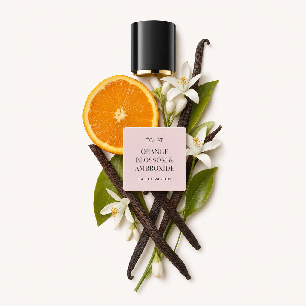 Harmonijna aranżacja laski wanilii, plasterków pomarańczy i kwiatów pomarańczy z bujnymi zielonymi liśćmi pod czarną nasadką z etykietą ÉCLAT Orange Blossom & Ambroxide.