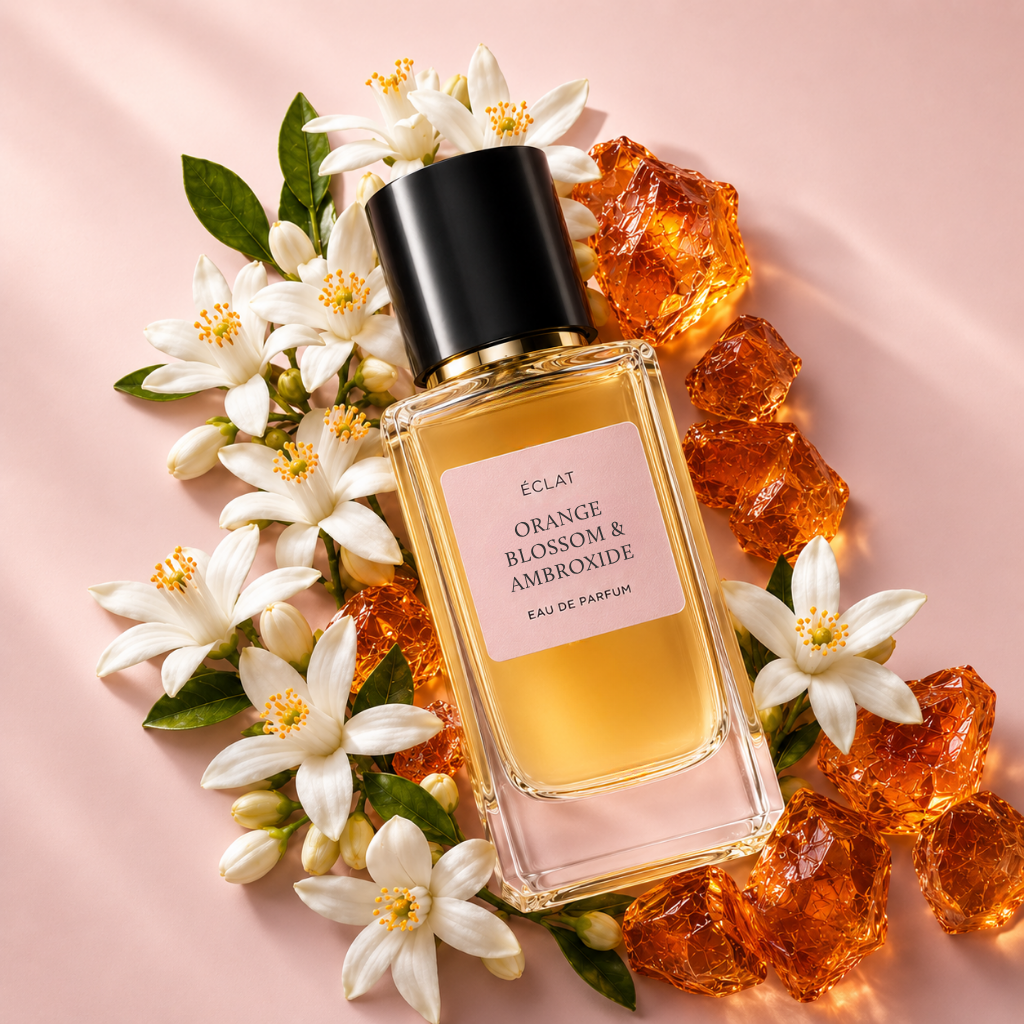 Fasetowana szklana butelka perfum ÉCLAT Orange Blossom & Ambroxide z czarną nakrętką, otoczona białymi kwiatami pomarańczy i bursztynowymi kryształami.
