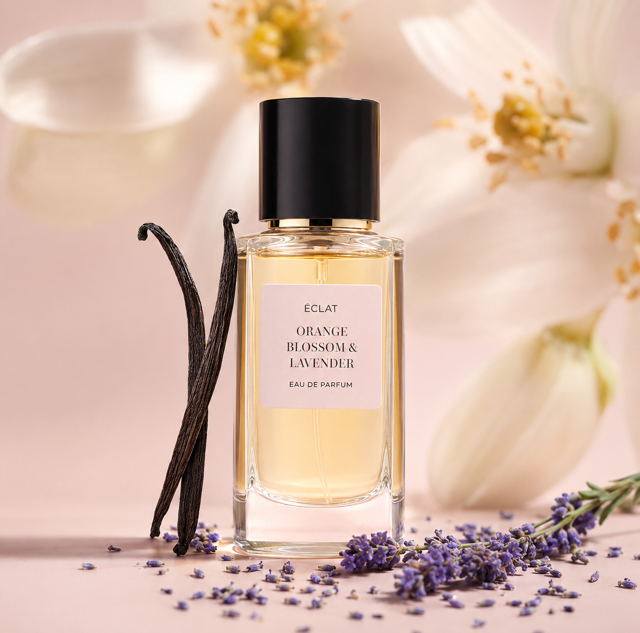 Elegancka szklana butelka ÉCLAT Orange Blossom & Lavender pośród strąków wanilii i lawendy na miękkim różowym tle.