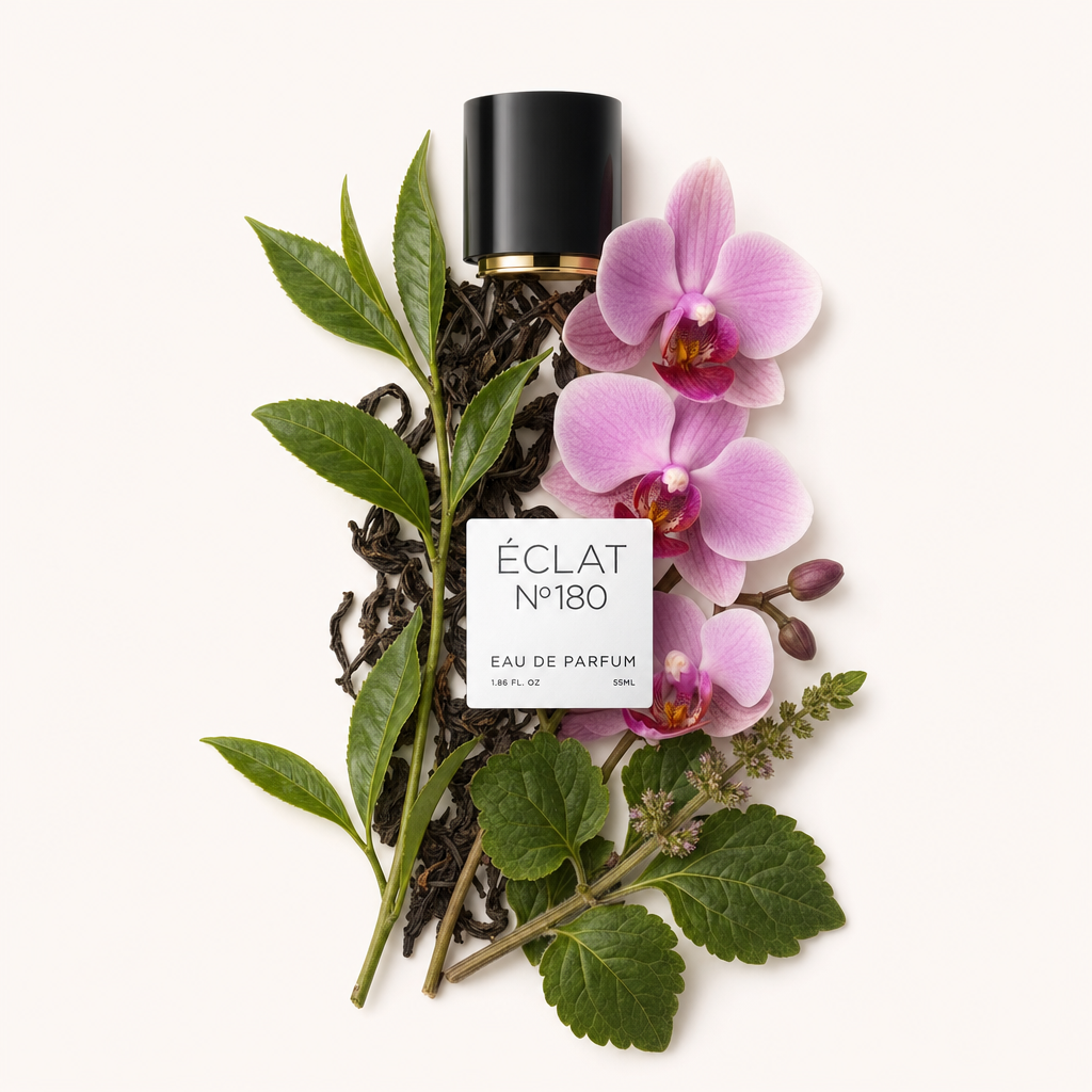 Kompozycja z kwiatów orchidei i bujnych liści paczuli z czarną zakrętką z etykietą ÉCLAT Orchid & Patchouli.