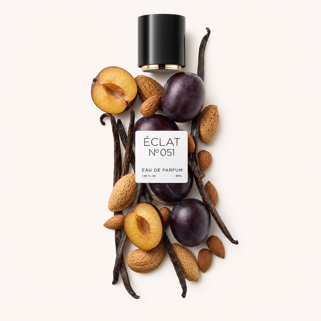 Aranżacja złożona ze świeżych śliwek, migdałów i lasek wanilii otacza czarną nakrętkę z etykietą ÉCLAT Oriental Almond.
