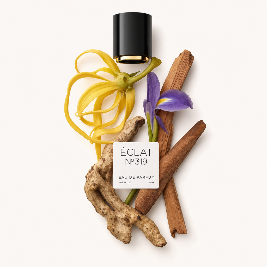 Kompozycja z płatków ylang-ylang, fioletowego irysa, kawałków drzewa sandałowego i korzenia, z czarną nakrętką oznaczoną ÉCLAT Oriental Sandalwood.