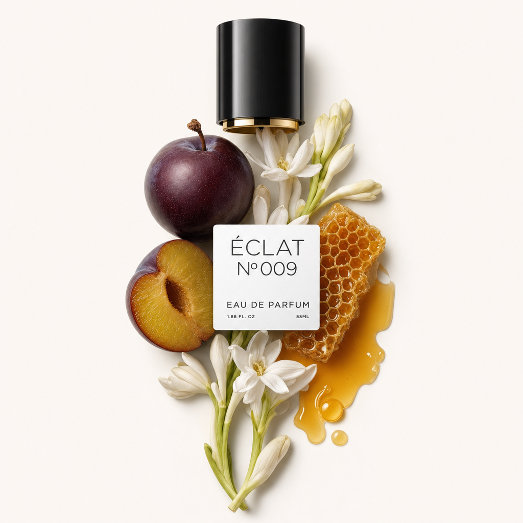 Ręcznie ułożona martwa natura ze śliwką, plastra miodu i białymi kwiatami tuberozy otaczają czarną nakrętkę z etykietą ÉCLAT Oriental Tuberose.
