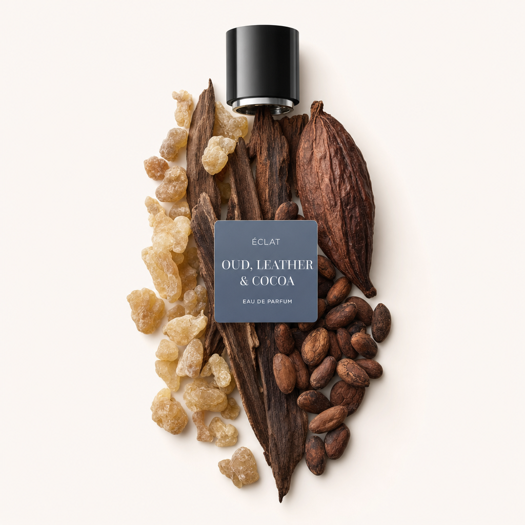 Aranżacja z surowego drewna oud, ziaren kakao w strąku i suszonych kawałków skóry wokół czarnej nakrętki z etykietą ÉCLAT Oud, Leather & Cocoa.