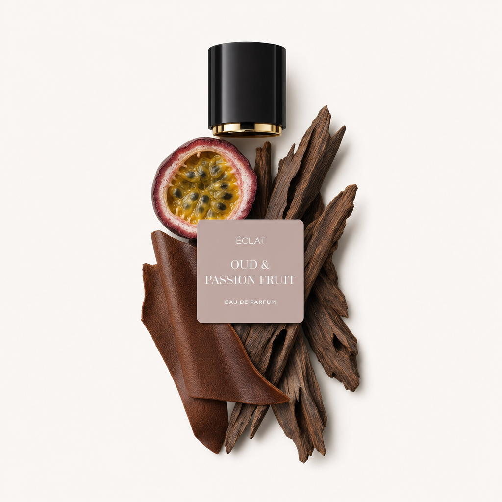 Kompozycja z drewna oud, połówki owocu pasji i paska brązowej skóry otacza czarną nasadkę z etykietą ÉCLAT Oud & Passion Fruit.