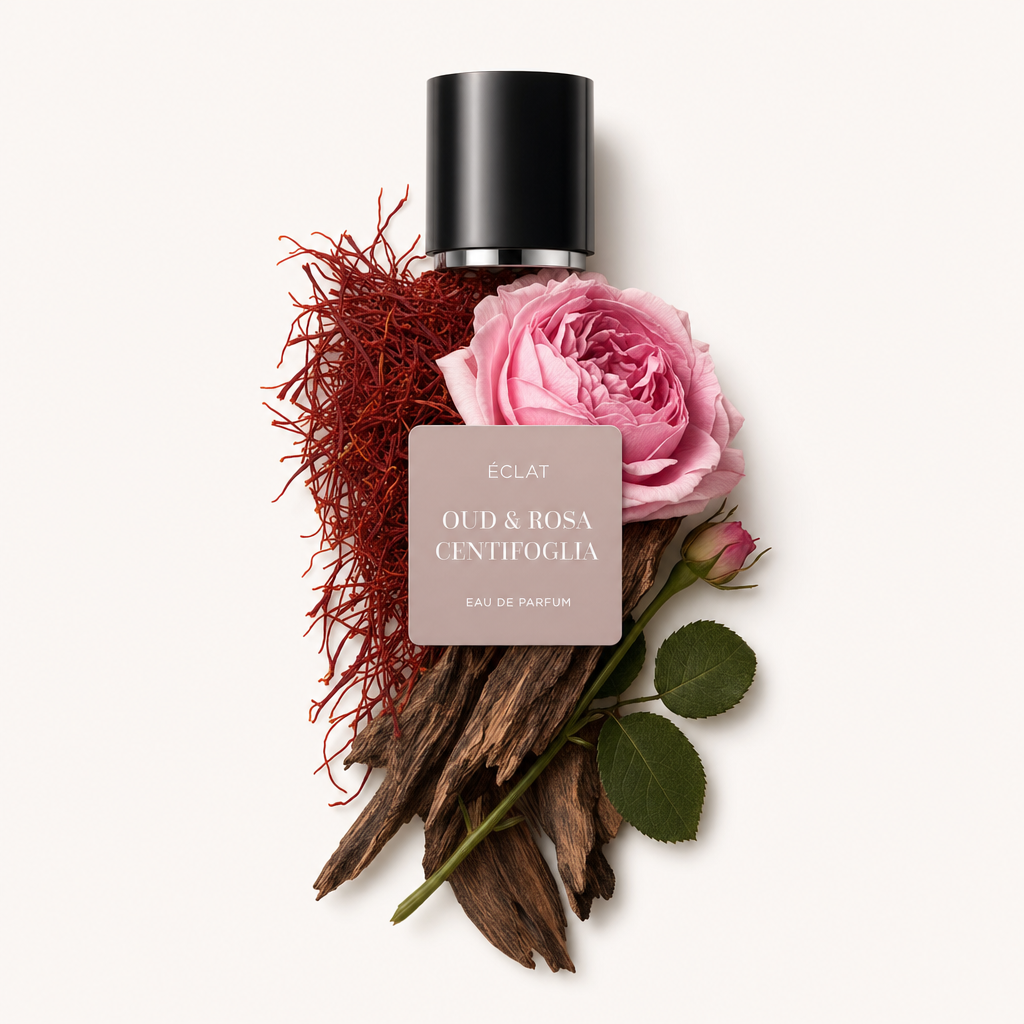 Ułożenie ÉCLAT Oud & Rosa Centifolia z drewnem oud, różową różą centifolia i czerwonymi nitkami szafranu, otoczone czarną nakrętką z etykietą.