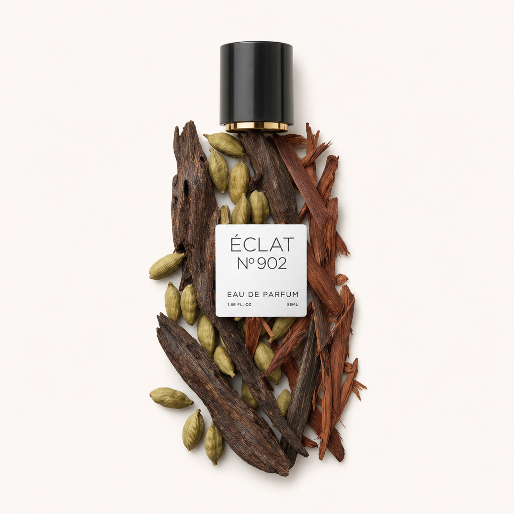Kompozycja z drzewa różanego i kardamonu otacza czarną nakrętkę z etykietą, reprezentując ÉCLAT VIP - Oud & Rosewood.