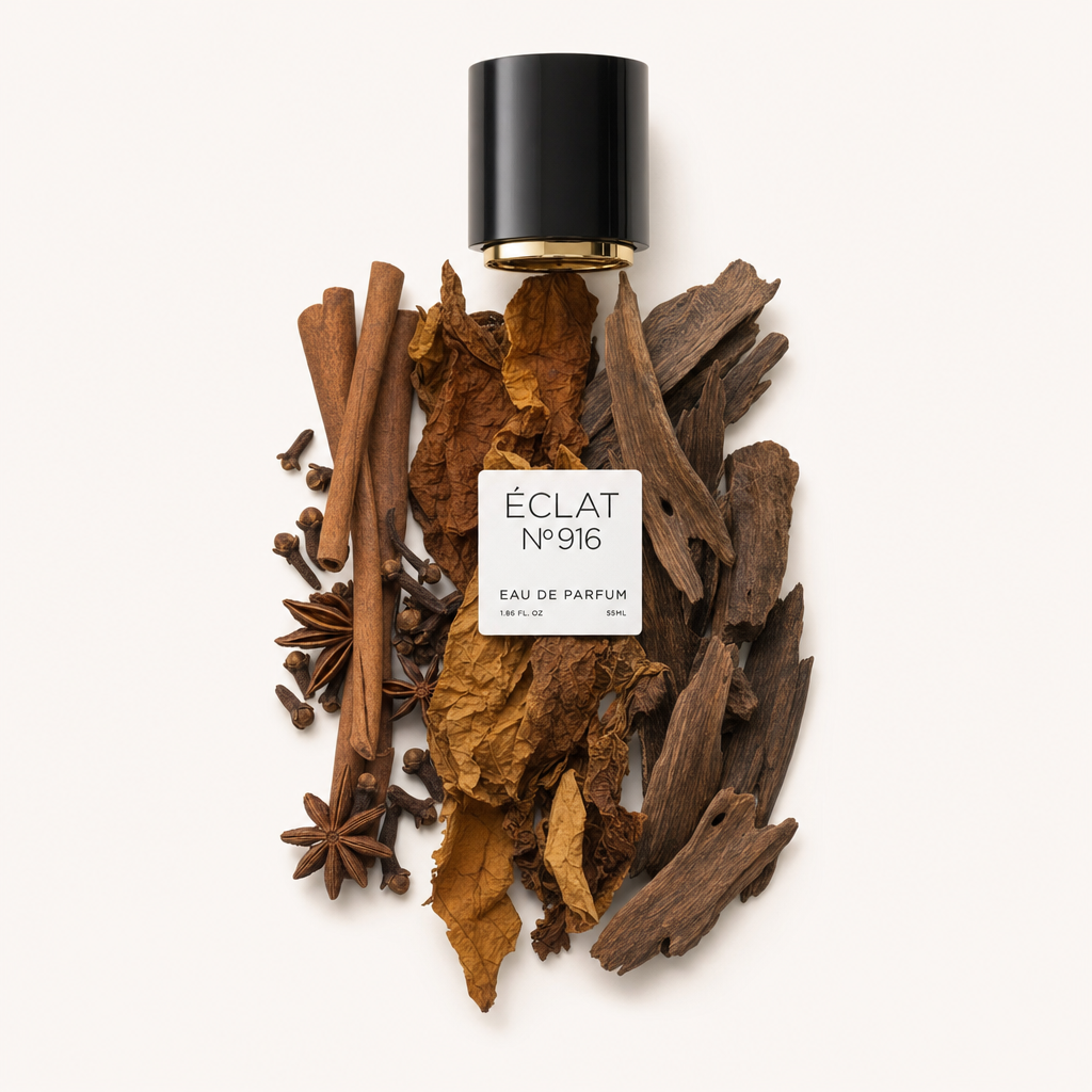 Kompozycja z lasek cynamonu, liści tytoniu, anyżu gwiaździstego, goździków i drewna oud otacza czarną nakrętkę z etykietą ÉCLAT Oud & Tobacco.