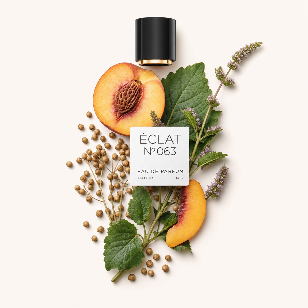 Kompozycja świeżych liści paczuli, nasion kolendry i plastrów brzoskwini, z czarną nakrętką z etykietą ÉCLAT Patchouli & Peach.